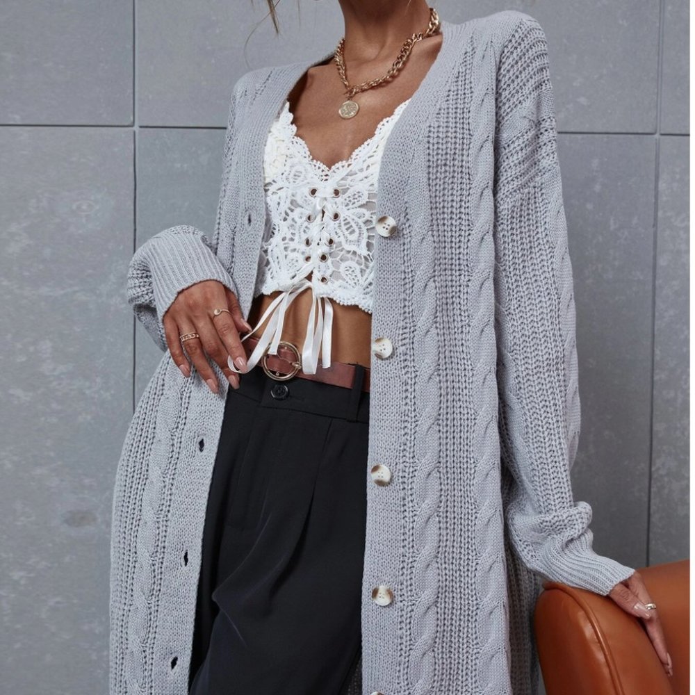 Sweater Knee Length Grey Button Front Cable Knit Drop Shoulder Cardigan …